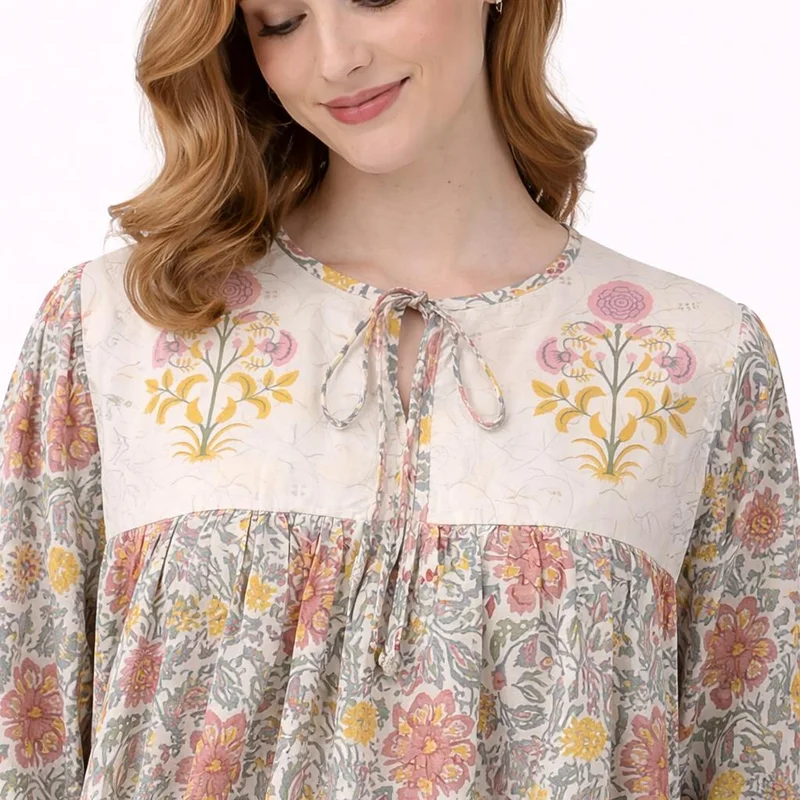 Artemea Women’s Floral Print Jalabiya | Premium Cotton | Yoke with neck tie up Design | Full-Length Modest Wear